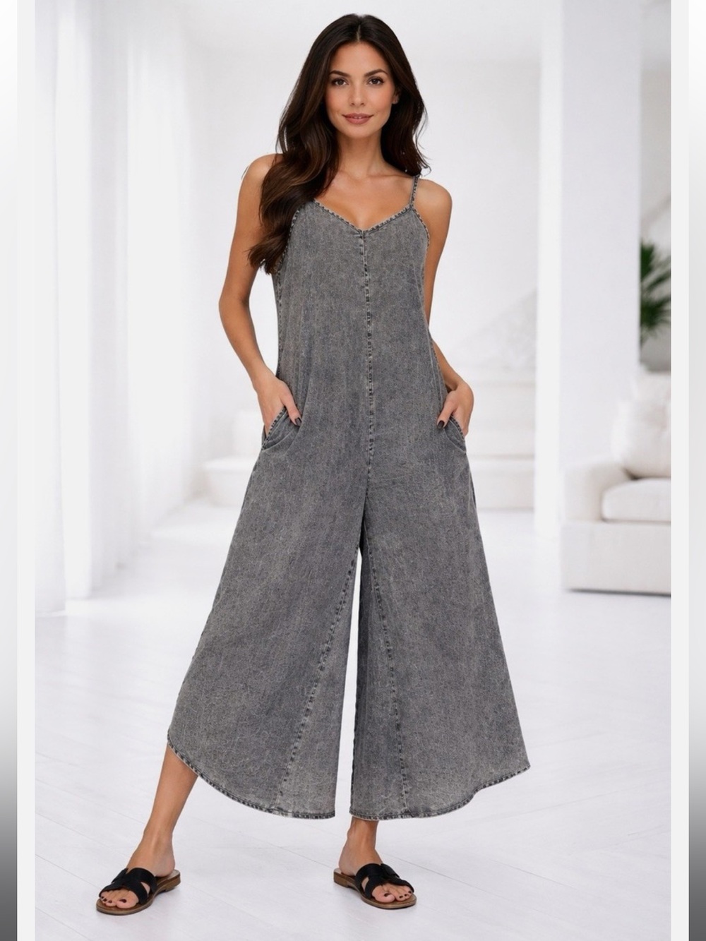 Zenana Acid-Washed Sleeveless Wide Leg Lounge Jumpsuit